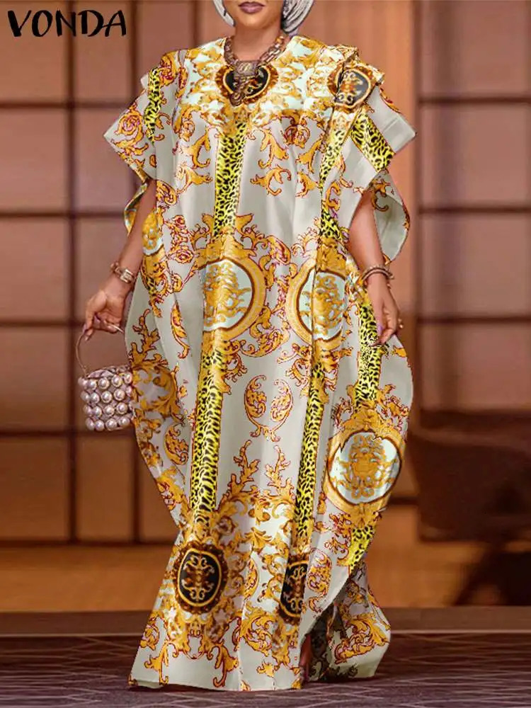 VONDA Plus Size 5XL Elegant Maxi Long Dress 2024 Fashion Satin Sexy Printed Patchwork Batwing Sleeve Vestidos Ruffle Robe 250526