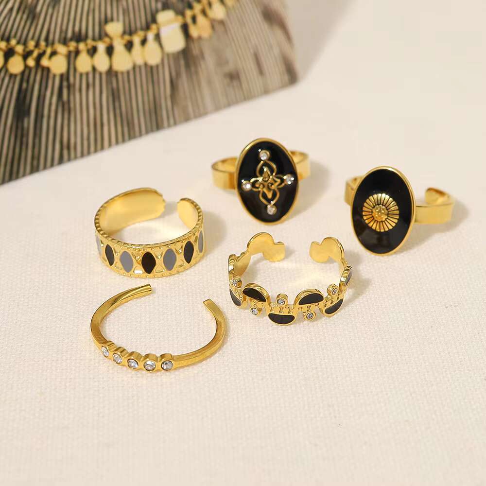 Popular Ins Style 18k Gold-plated Stainless Steel Ring Fashionable Simple Personality Geometric Black Versatile Jewelry Ring