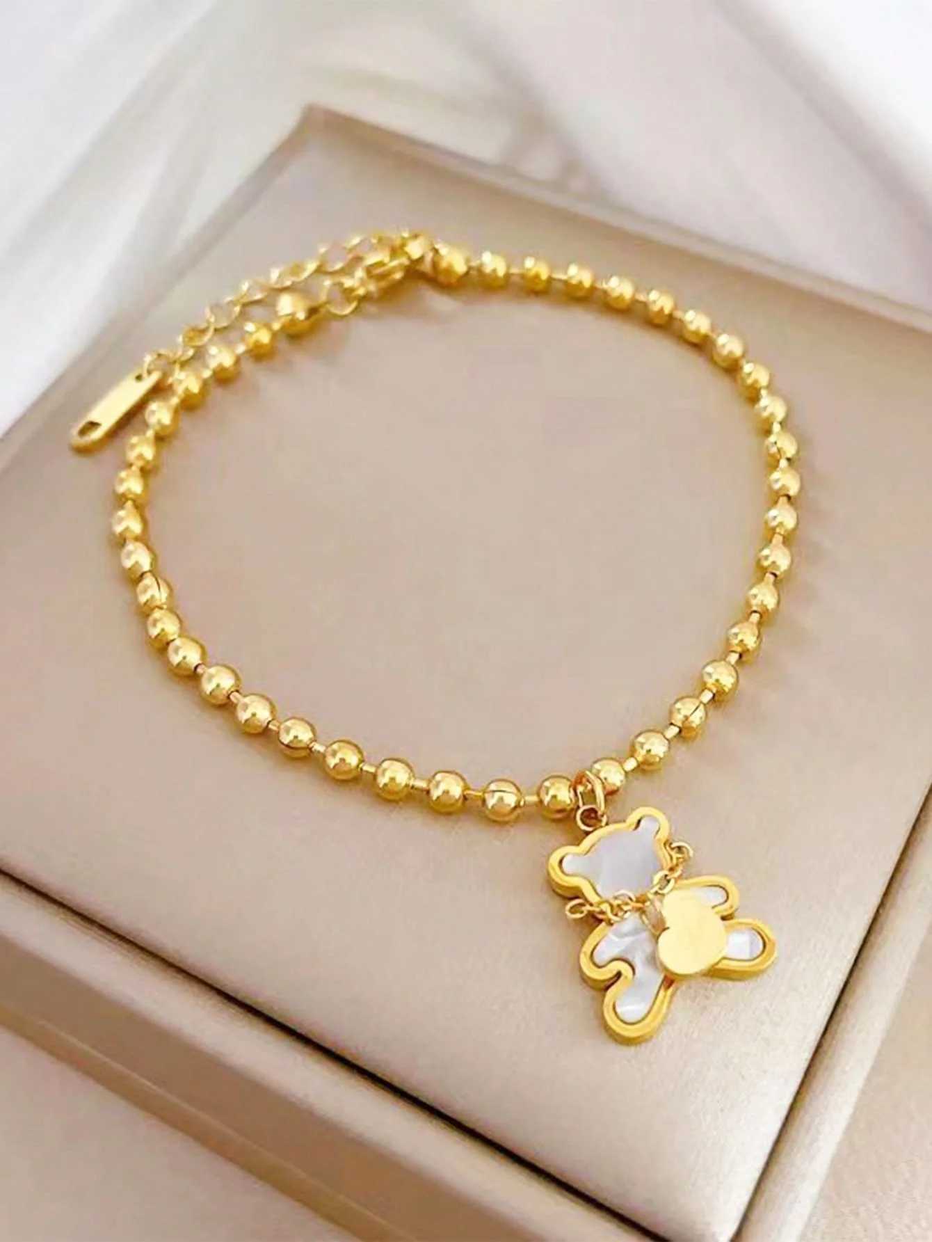 White Shell Cute Little Bear Peach Heart Stainless Steel Jewelry Set Necklace Earrings for women Z250607