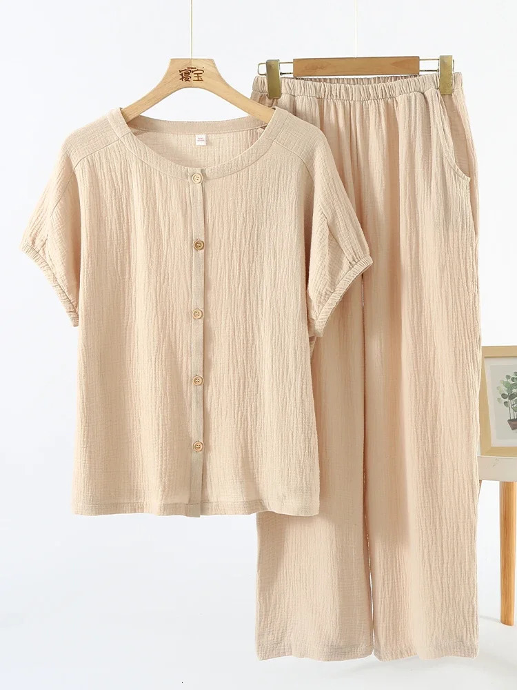 Muslin 100% Cotton Gauze 2 Piece Sets Womens Outfits Button Up Short Sleeve Tees Long Trouser Sets Comfortable Tracksuit 250605
