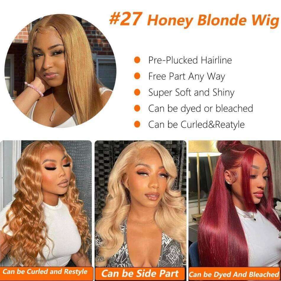 NAMM #27 Honey Blonde Human Hair Straight 13X6 Frontal Preplucked Wig 13x4 30 34 Inch Lace Front Colored Wigs For Women