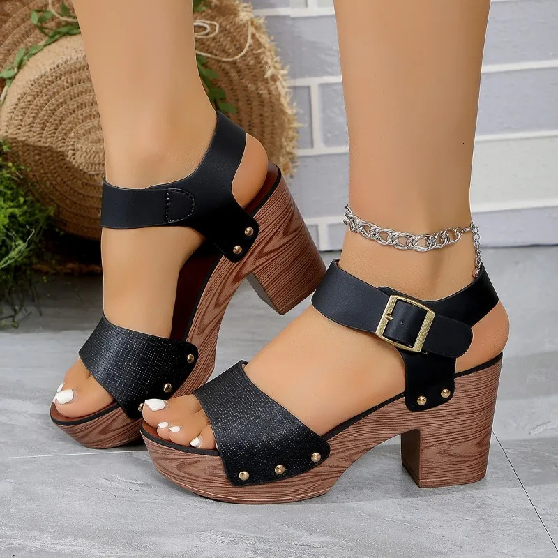 2024 Summer Women Sandals Square High Heel Platform Flock Casual Rivet Pumps Peep Female Elegant Ladies Shoes Zapatos Mujer 250604