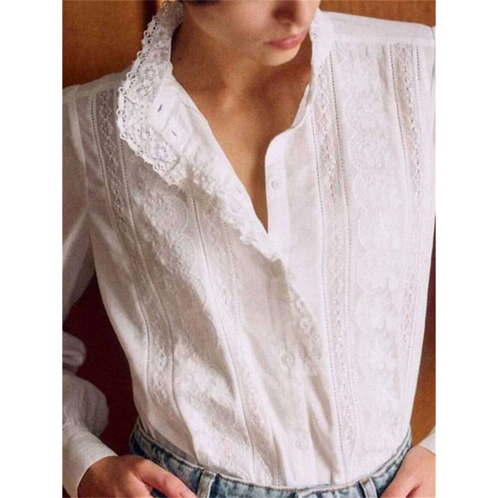 Coats Designer Women Lace Embroidered White Straight Shirt Stand Collar Female Long Sleeve Blouse And Tops Designer