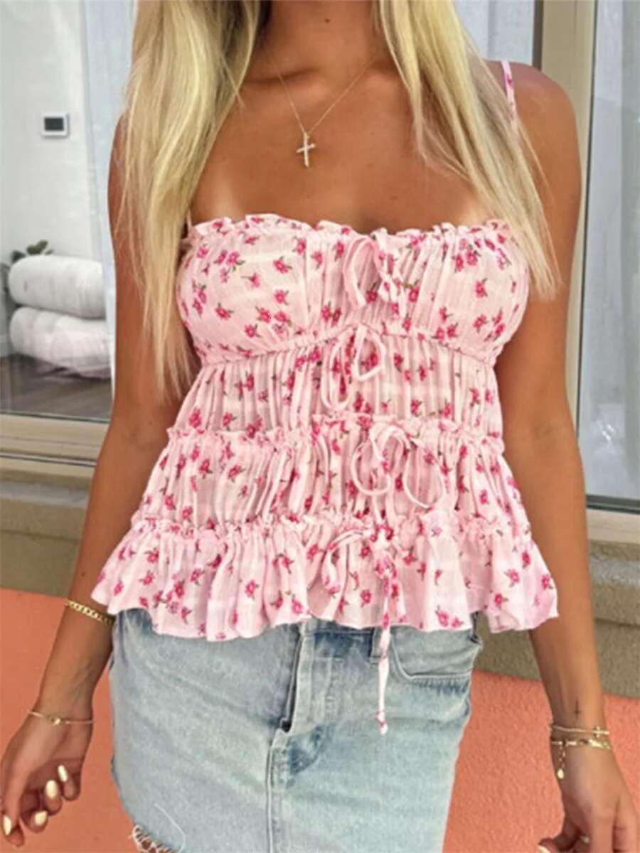 Womens Summer Sleeveless Camisole with Floral Print and Ruched Detailing Spaghetti Straps Tank Top for Club and Streetwear