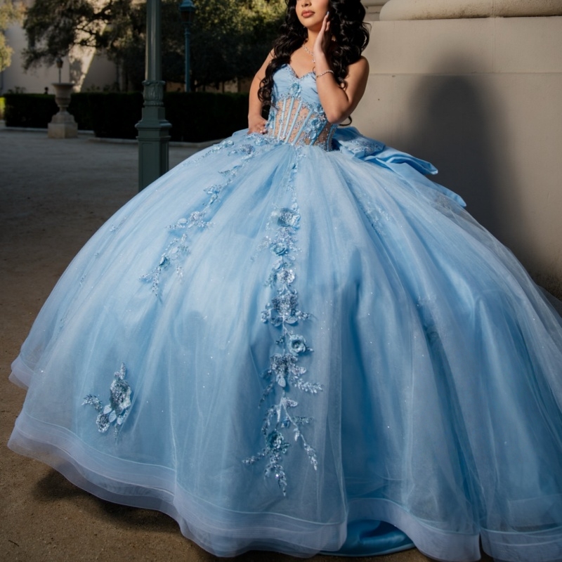 Sky Blue Shiny Quinceanera Dresses Ball Gown Off The Shoulder Applique Lace Beading Bow Tull Sweet 16 Dress Vestidos 15 De Anos
