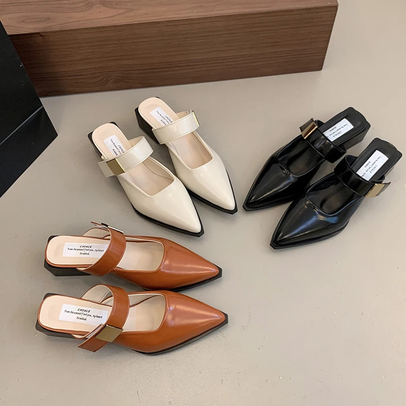 Evening Breeze Baotou Half Slippers French Low Heel Womens Shoes Summer Thick Heel Slippers 250603