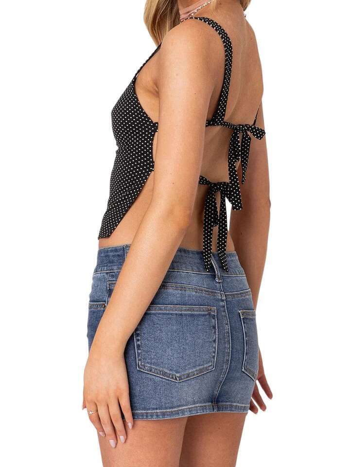 Womens Polka Dot Print Square Neck Tie Back Camisole Crop Top with Backless Design for Summer Streetwear Fashion