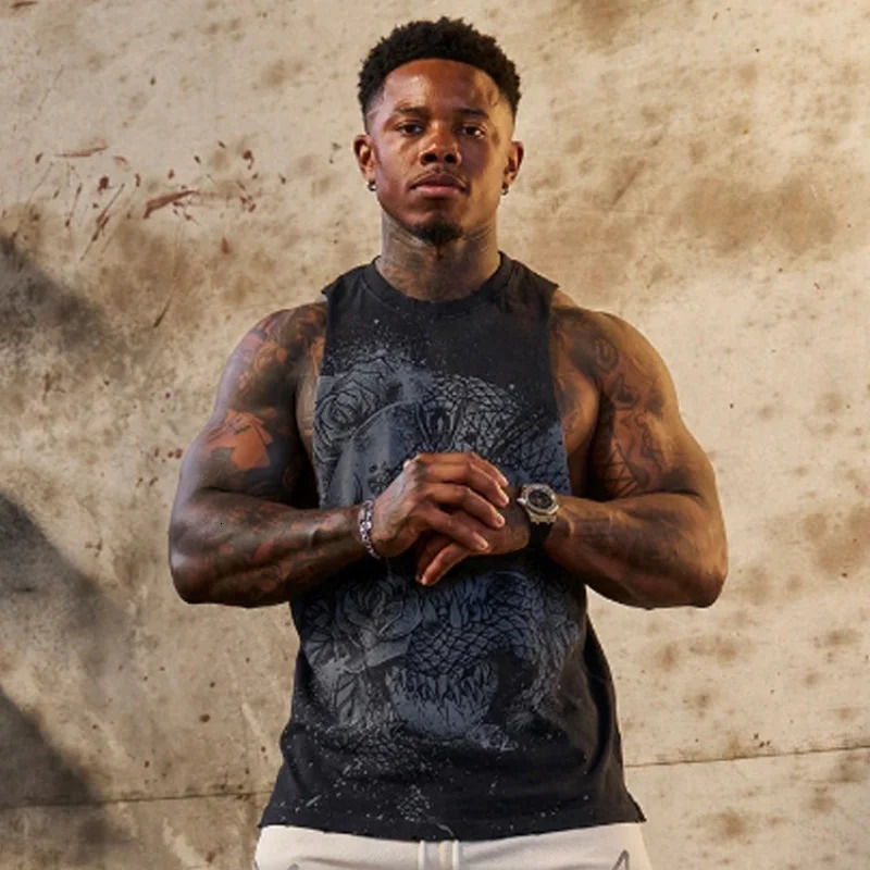 Mens vest Gym Tank top Men Fitness Print Tees Running Sleeveless Shirt Male Elastic Sport Vest Man Undershirt Gyms Clothing 250527