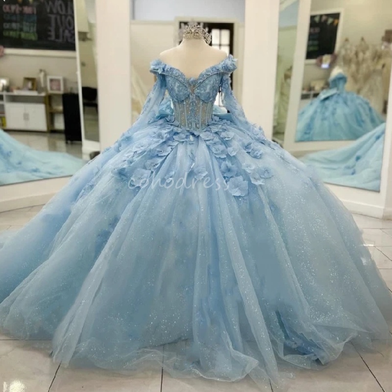 Elegant Light Blue Quinceanera Dress 2025 With Flowers Off Shoulders Long Sleeve Sweet 16 Dress 2025 Party Gown Vestidos De Xv Anos Fiffteen Birthday 