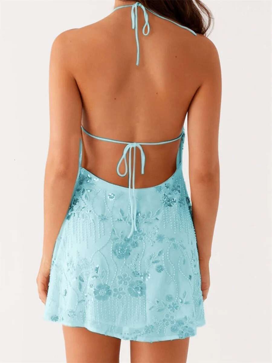 Womens Elegant Sleeveless V-neck Lace Floral Embroidered Backless Fit Cocktail Party Mini Dress