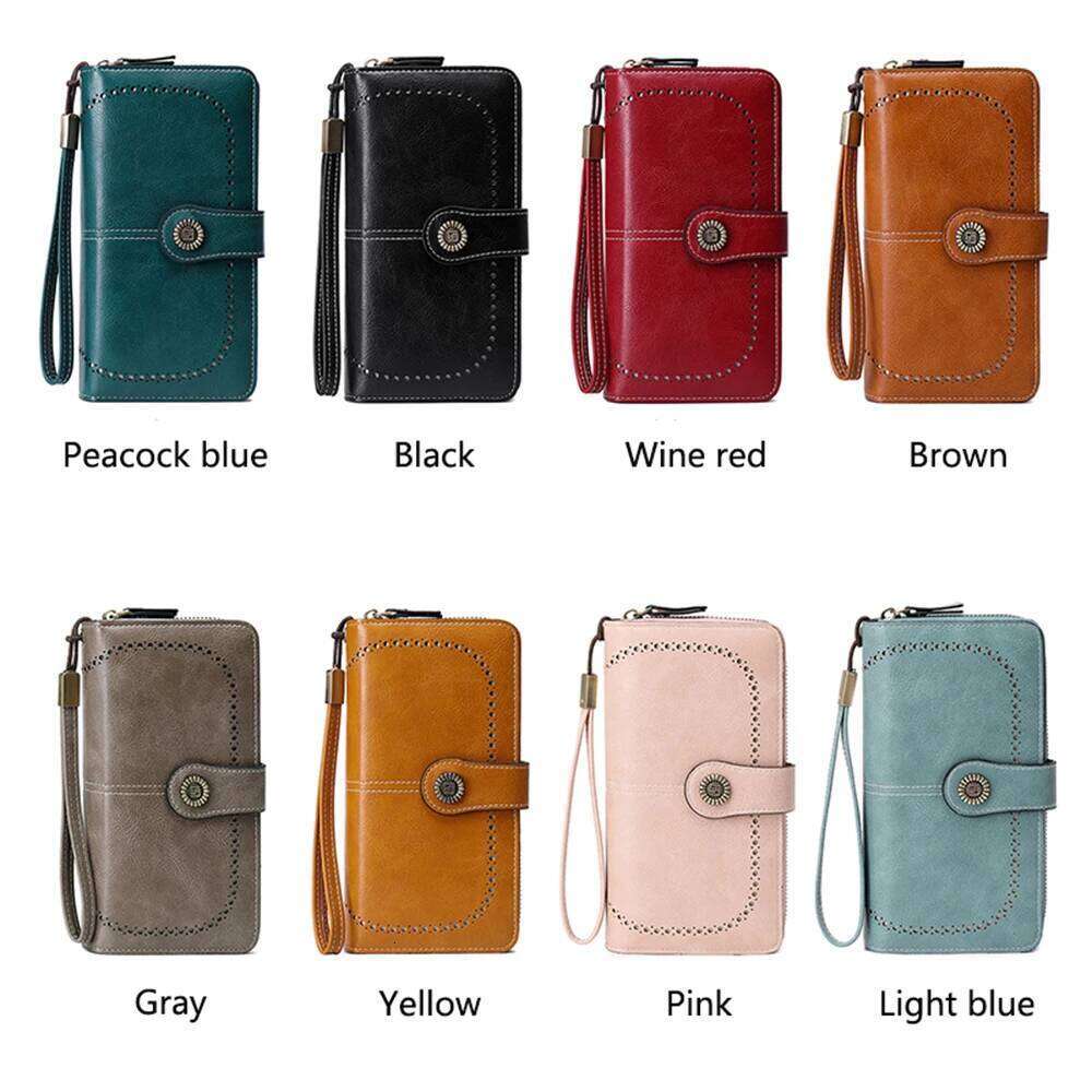 Hot Selling RFID Anti-Theft Brush Retro Large Capacity Long Multi-Card Women's Multi-Function Zipper Wallet With Wrist Strap Designer Bags