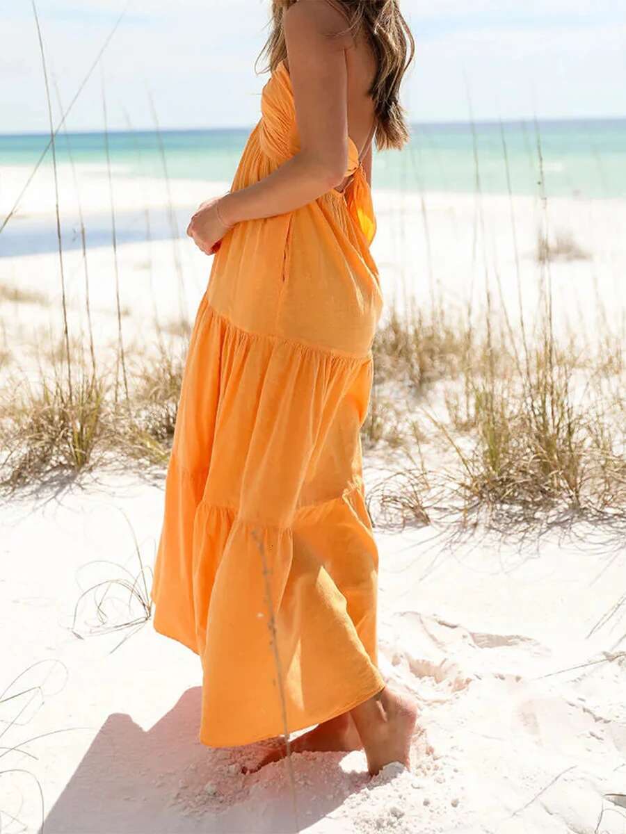 Elegant Sleeveless V-neck Maxi Dress with Floral Print and Ruffle Hem for Summer Beach Wedding Party Vacation Wear