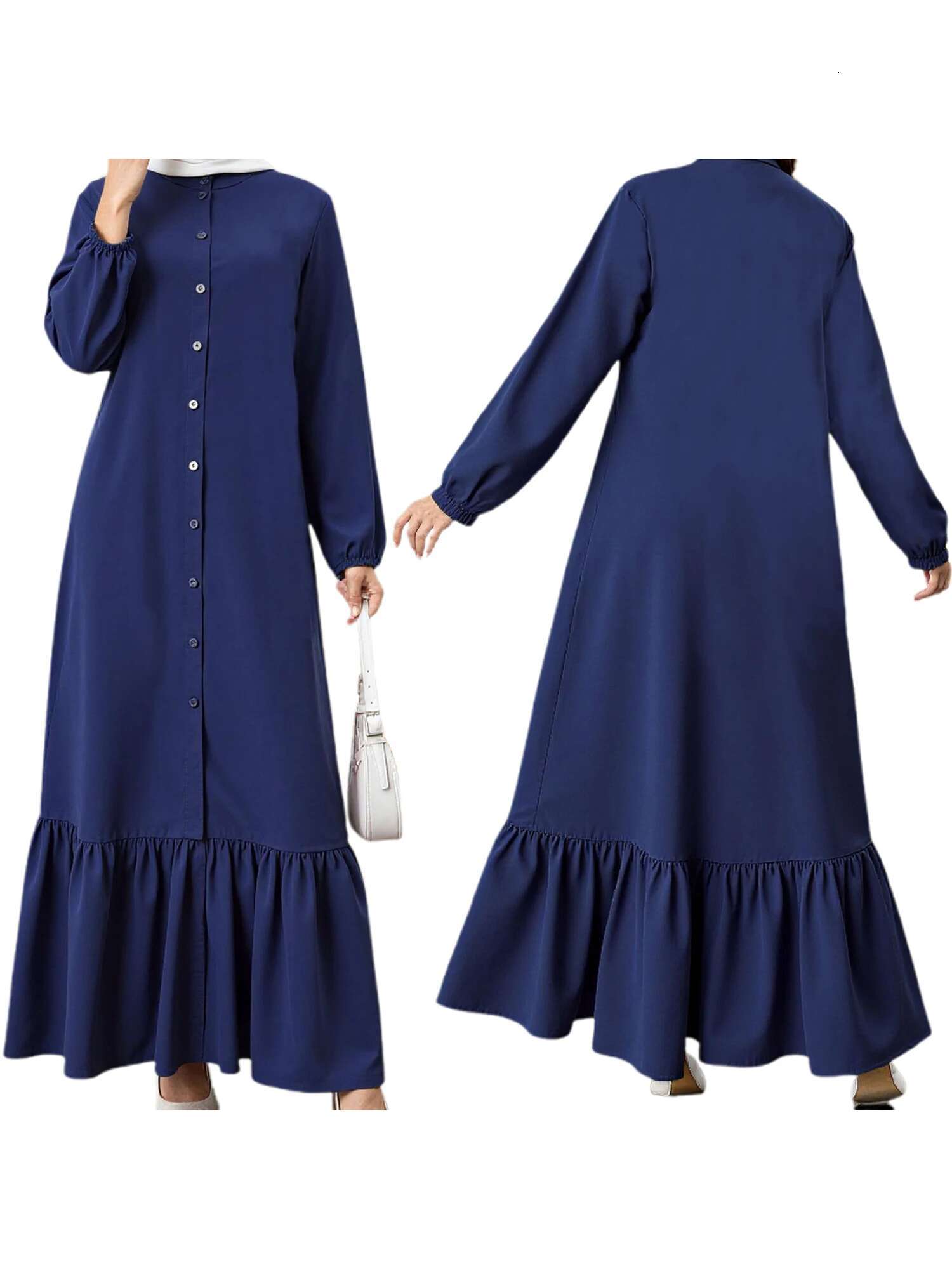 Middle Eastern Style Womens Long Dress with Solid Color and Loose Fit Design Featuring Button Down Front Crew Neck and Long