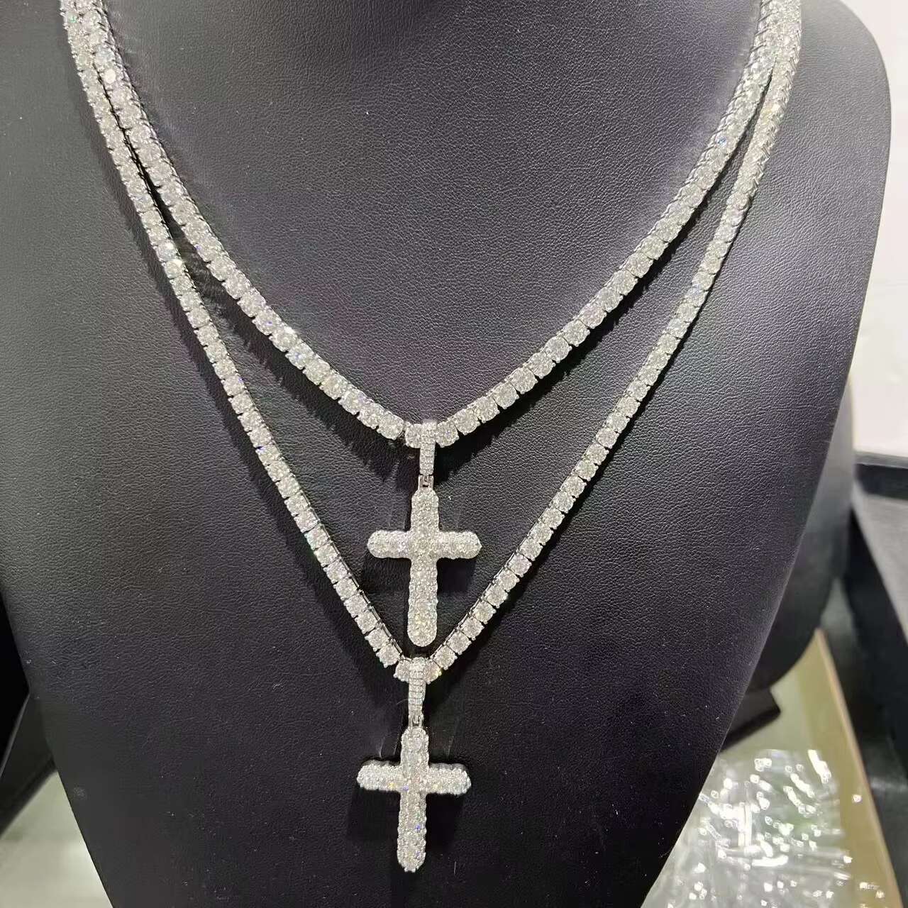 Wholesale Luxury VVS Moissanite Diamond Tennis Chain with Cross Necklace Silver Plated Jewelry Chain