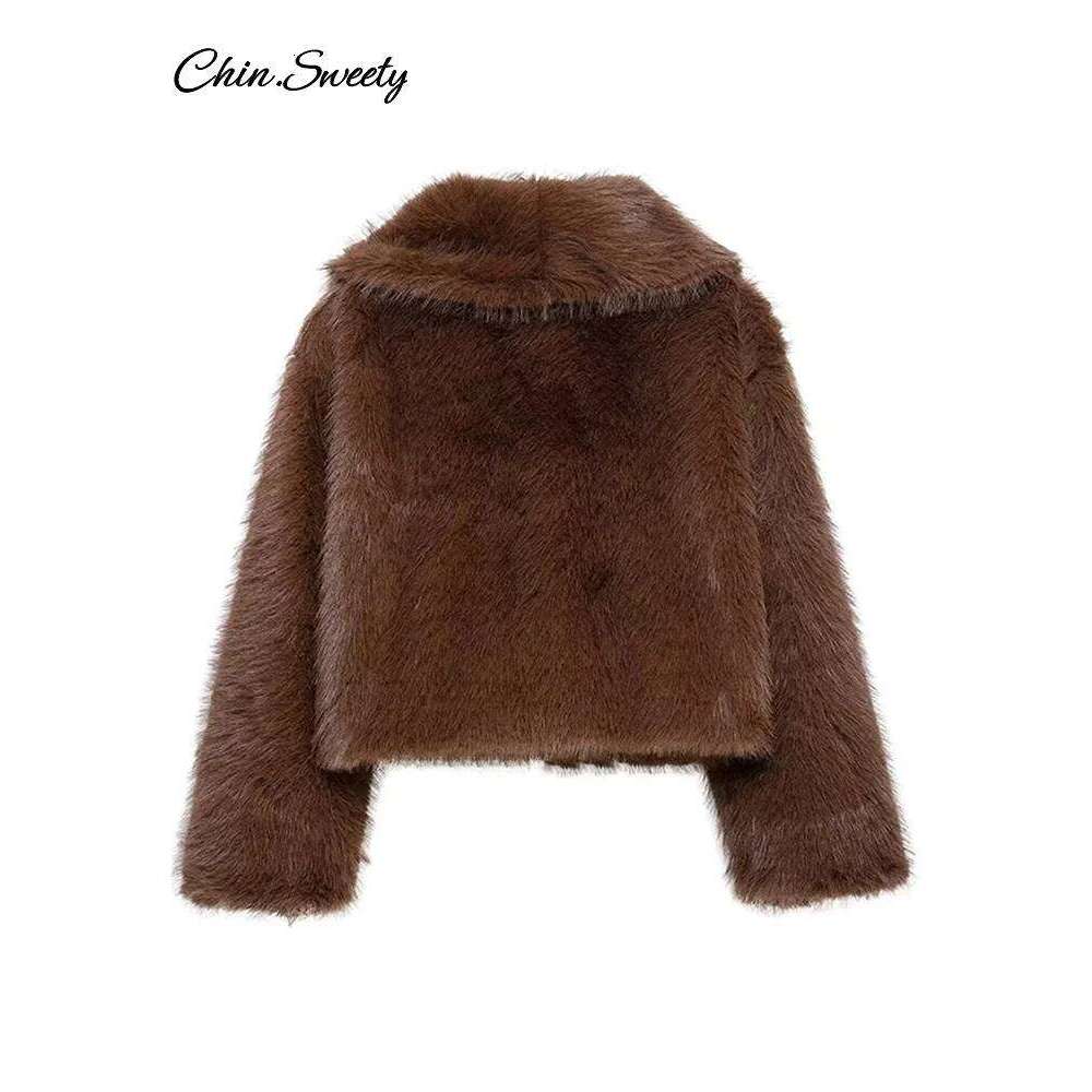 Brown Lapel Faux Fur Short Coat Women Fluffy Long Sleeve Warm Thick Loose Jacket 2024 Autumn Winter Lady High Street Outwear luanyun