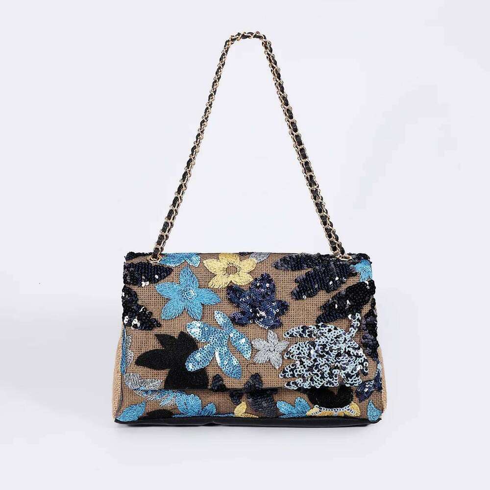 Women Straw Sequin Underarm Flower Pattern Large Capacity New Style Braided Chain Crossbody Border Shoulder Bag