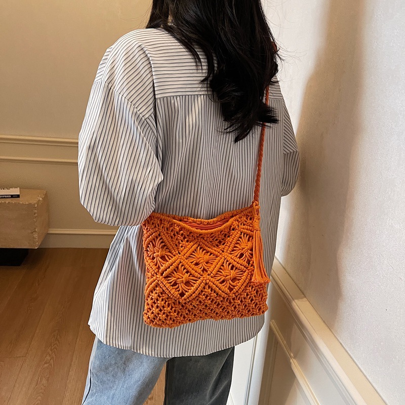designer Korean Style Mori Handmade Cotton Rope Tassel Woven Bag 2025 Summer New Single Shoulder Crossbody Straw Bag Casual Women's Bag