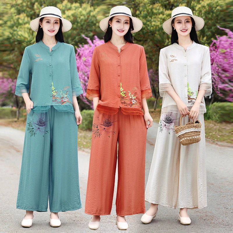 Womens Cotton and Hemp Set Plus Size Summer Half Sleeve Top Retro Print 2024 Multi Color Wear 250603