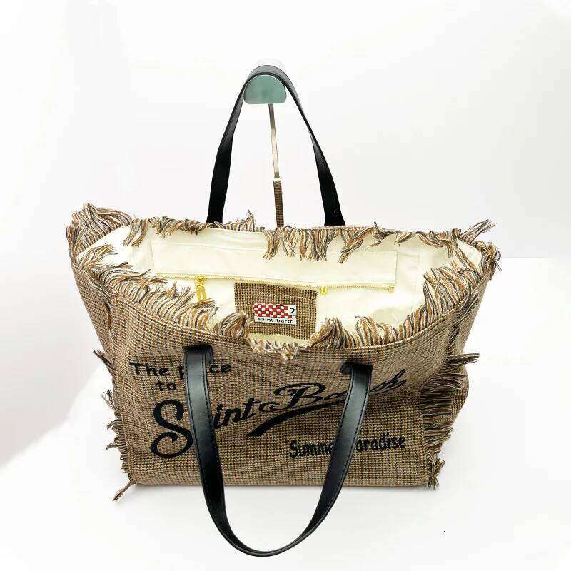 SAINT BARTH New European And American Women's Large Capacity Leisure Tourism Beach Thousand Bird Grid Handmade Tassel Handbag