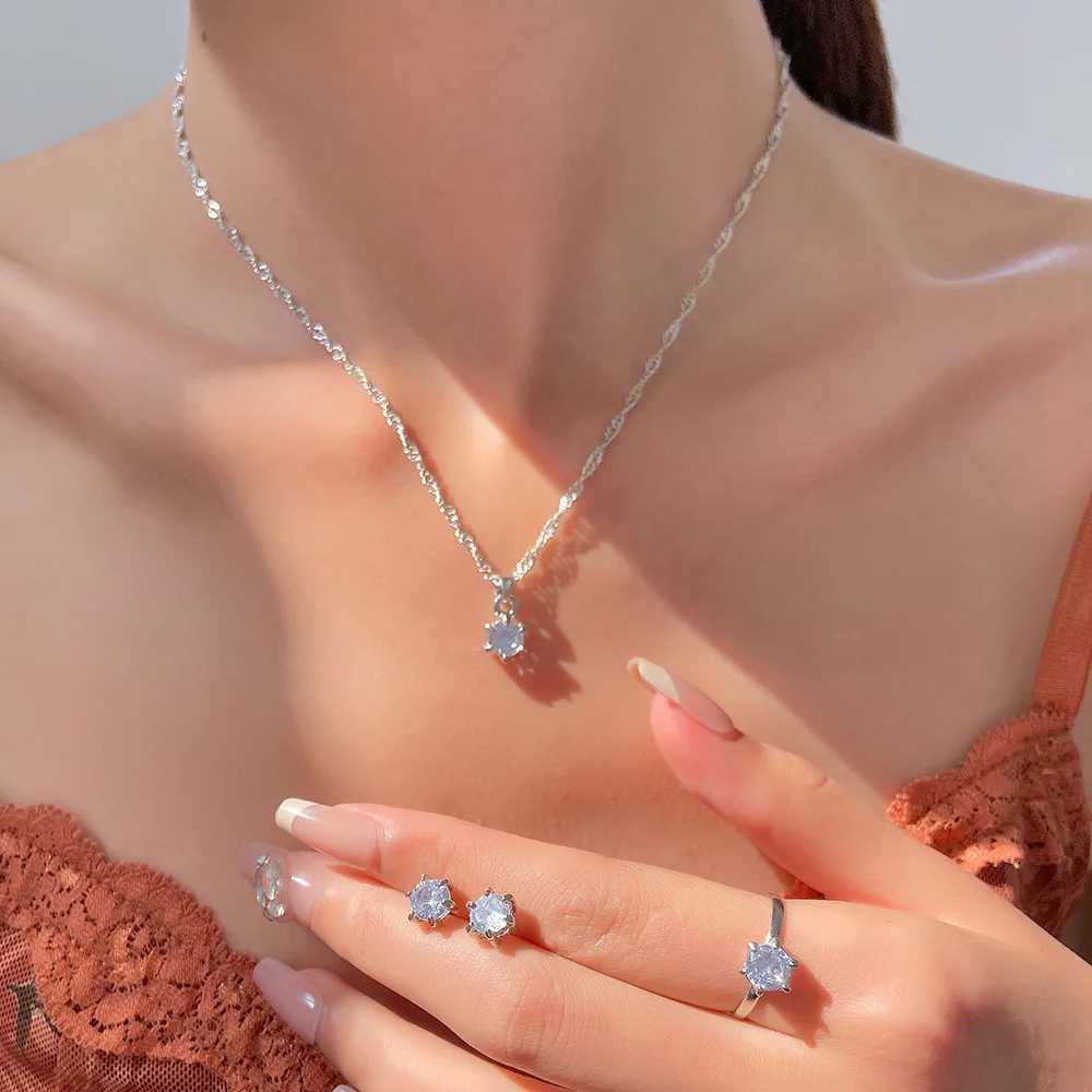 5Pcs Elegant Crystal Jewelry Set Zirconia Ring Necklace Earrings Simple Set Jewelry Fashion Versatile Trendy Jewelry Z250607