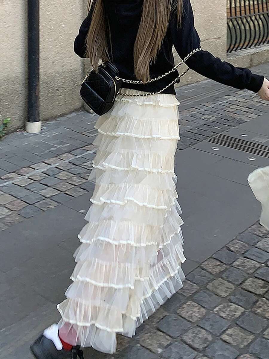 Elegant Womens High Waist Layered Ruffle Tulle Skirt in Solid Color Perfect for Daily Office Wear and Special Occasions