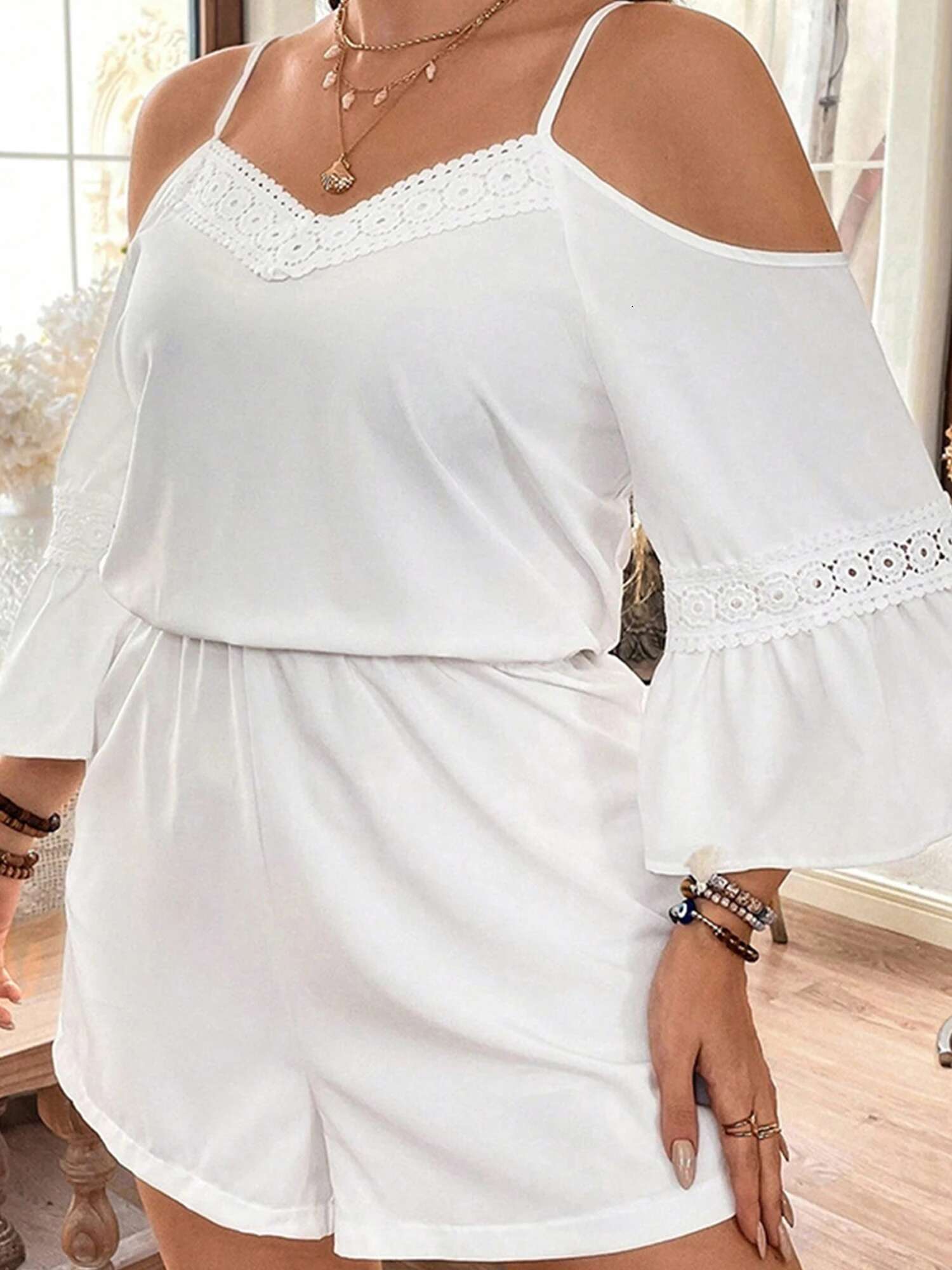 Womens Plus Size Romper with Lace Trim and Cold Shoulder Detail Solid Color Jumpsuit with V-neck and 3 4 Sleeves