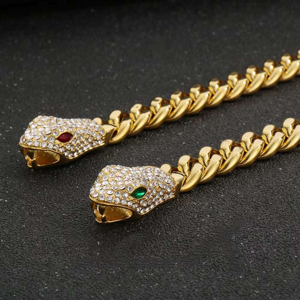 2025 Trendy stainless steel jewelry mens hip-hop Cuban chain bracelet full diamond green/red eye snake head bracelet wholesale
