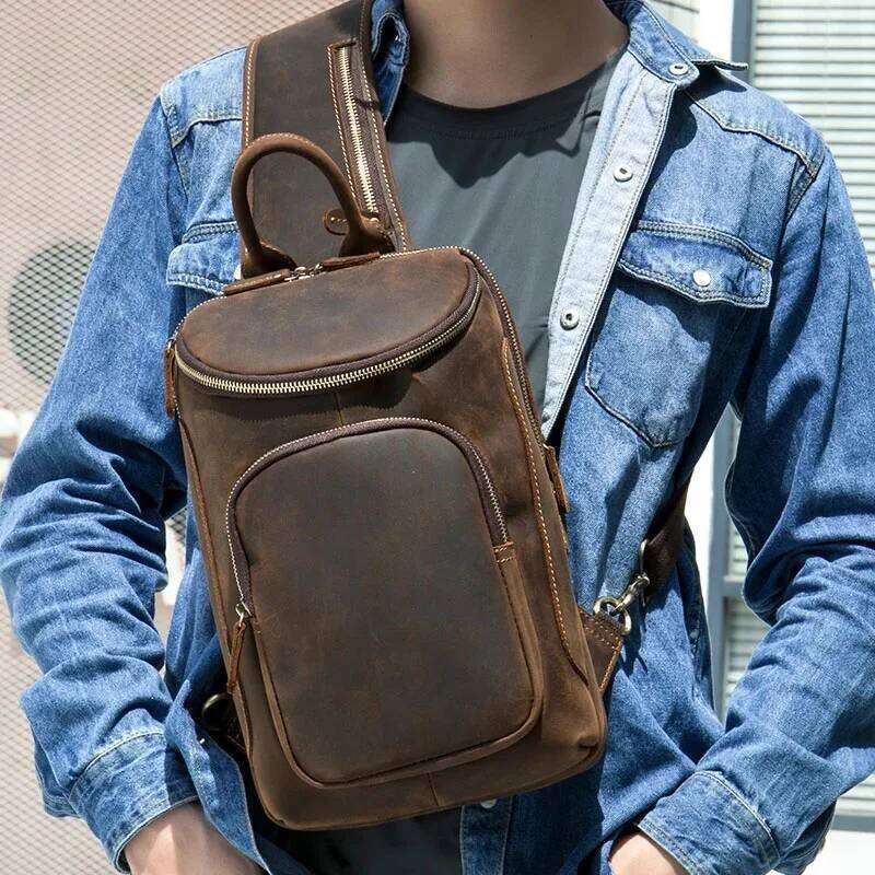 Men Bagpack Shoulder Cross Body Genuine Leather Cowskin Chest Pack For Outdoor Travel Messenger Bag Riding