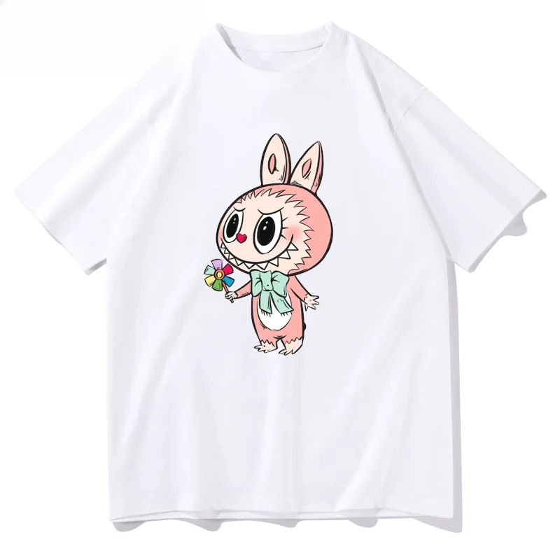Labubu Graffiti Series Printed Designer T-shirt Men and Women Pure Cotton Lazy Wind Short Sleeve Cartoon Trend Oversized Top