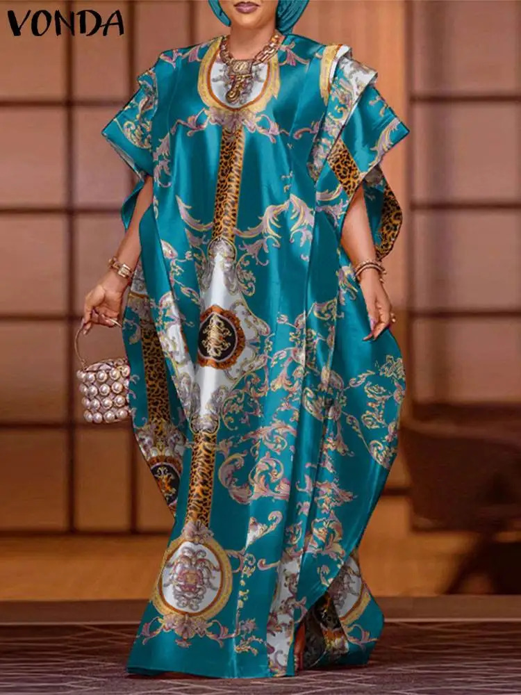 VONDA Plus Size 5XL Elegant Maxi Long Dress 2024 Fashion Satin Sexy Printed Patchwork Batwing Sleeve Vestidos Ruffle Robe 250526