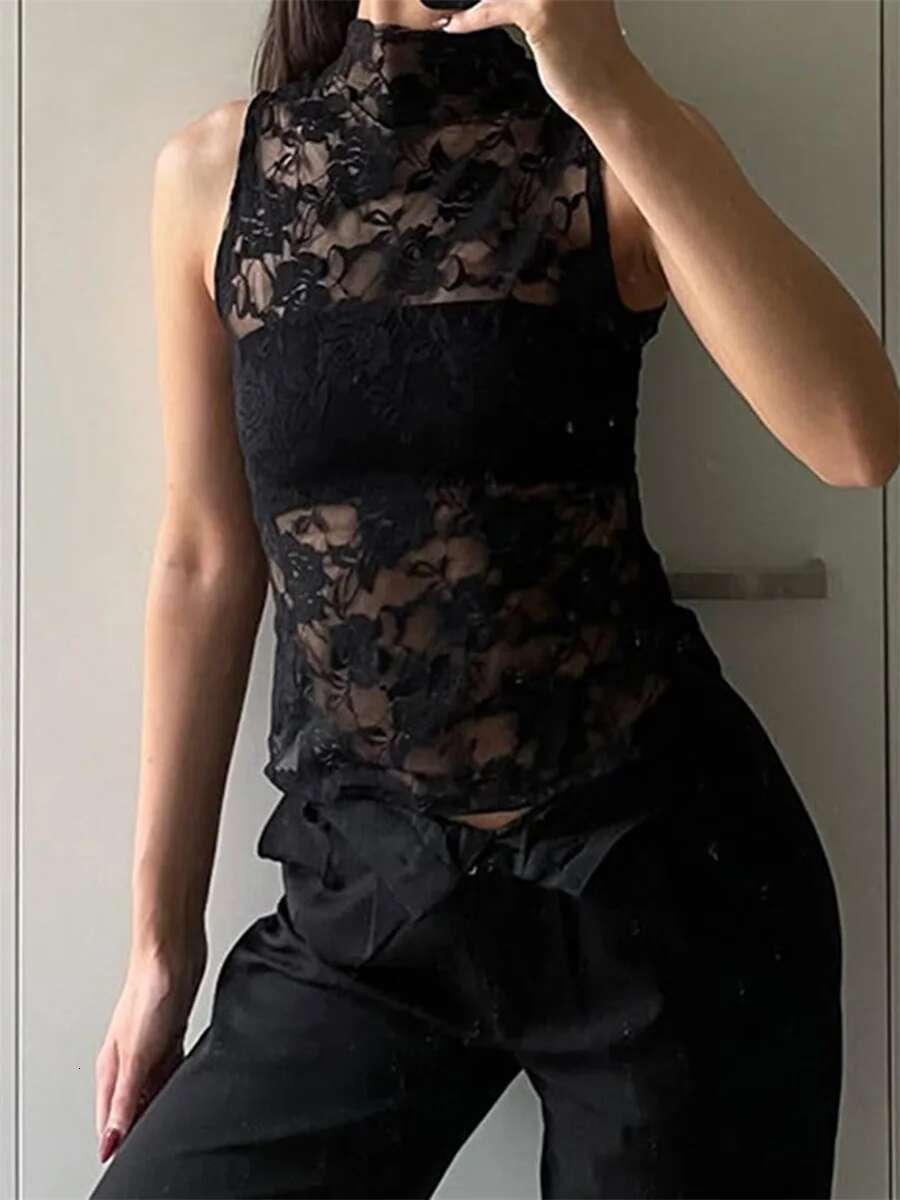 Womens Elegant Floral Lace Sleeveless Blouse High Neck Tie-up Fit Sheer Mesh Cropped Tank Top for Summer