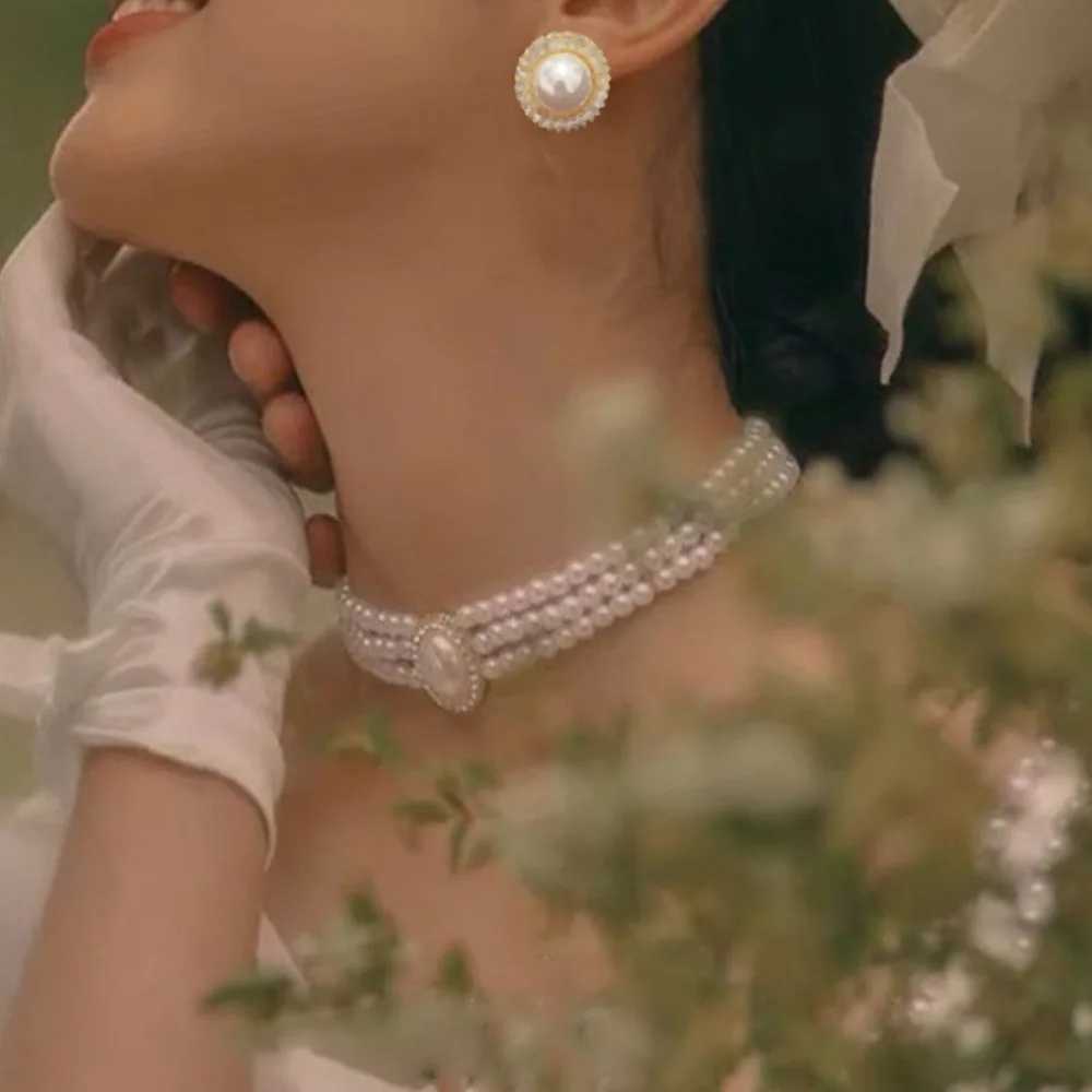 KMVEXO Vintage Palace Multilayer Pearl Choker Necklace Earrings Sets for Women Oval Crystal Rhinestone Wedding Bride Jewelry Set Z250607