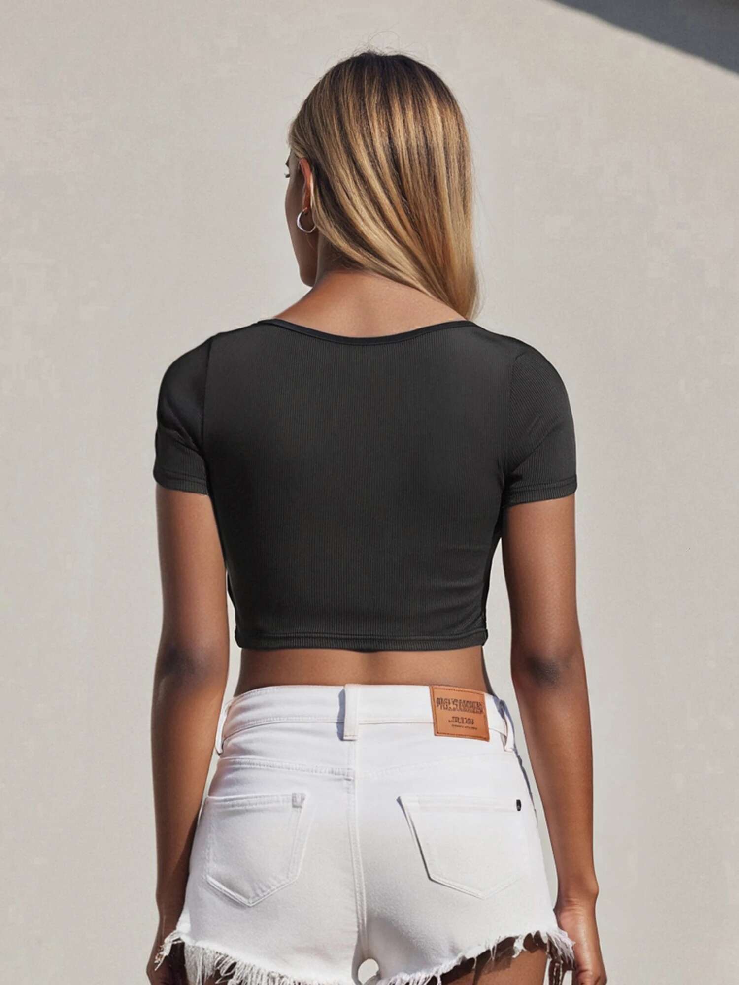 Casual Ribbed Crop Tops with Cutout Detail and Drawstring Closure for Womenshort Sleeve Knit T-shirts for Streetwear