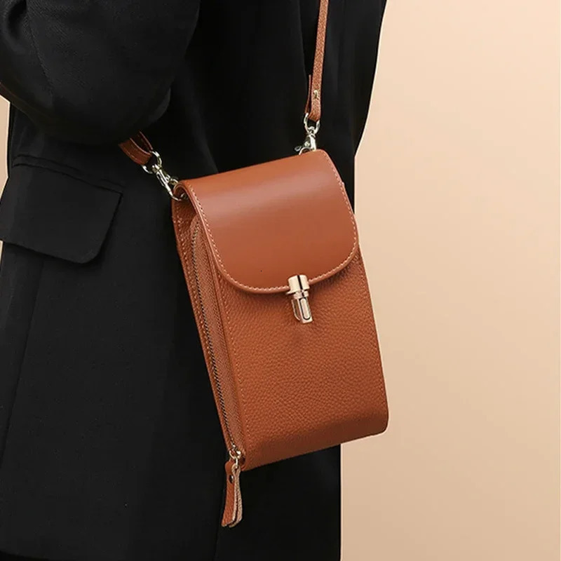 Genuine Leather Phone Bag Solid Color Flip Round Lock Bag Womens Crossbody Bag with Long Shoulder Strap and Credit Card Slot 250606
