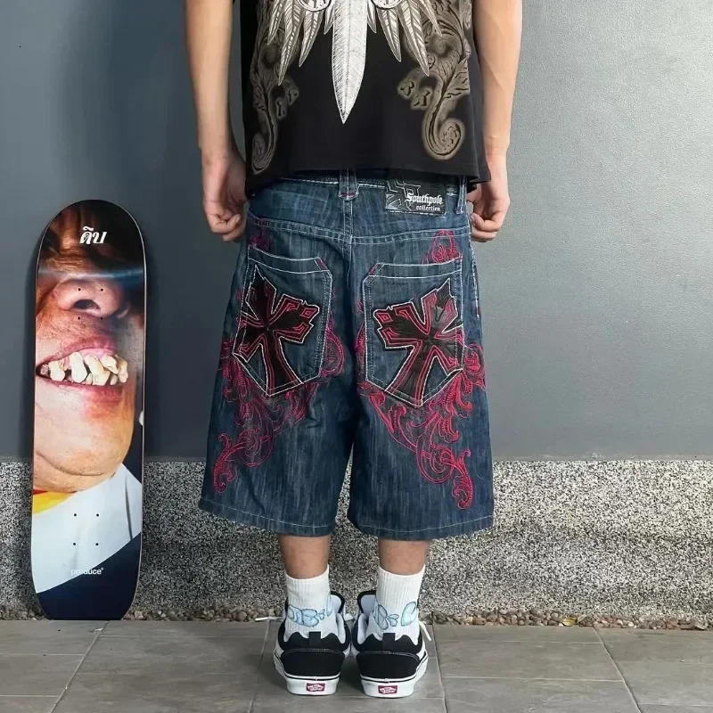 Vintage Graphic Printing Baggy Denim Shorts Gothic Cross Y2K Fashion Harajuku Casual High Waist Wide Leg Shorts Streetwear 250603