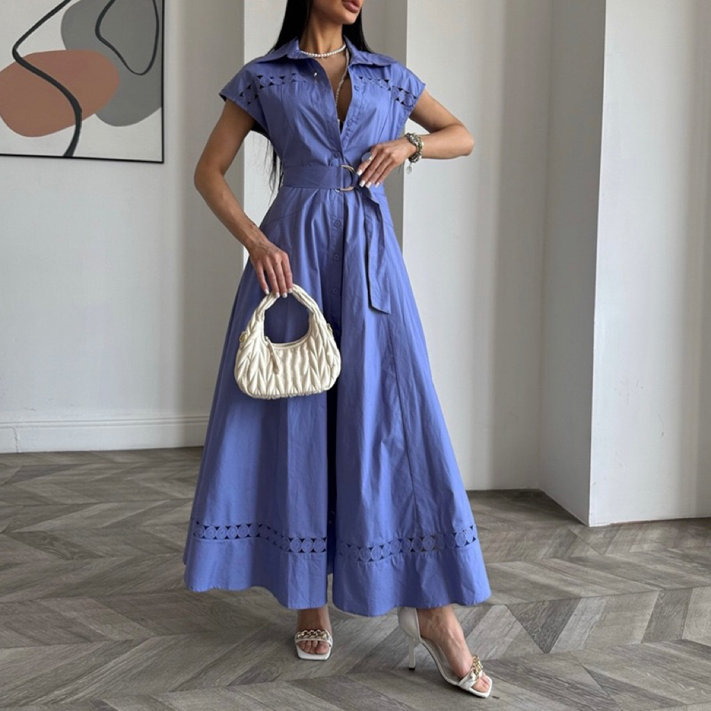 French-style retro solid-color long dress, summer new style, round collar, open back, waistband with belt, fitted short sleeves, wide skirt, women