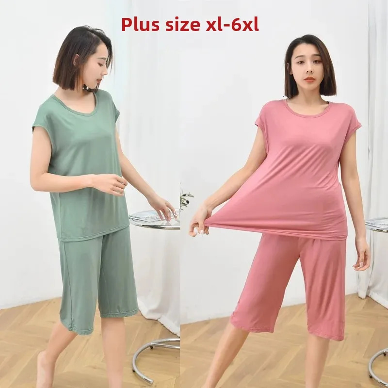 Plus Size Loose Modal Set Women Summer Short Sleeve Top Seven Pants Thin Home Clothes Sleepwear plus Fat MM 200 Pounds 250603