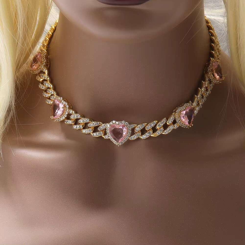 925 silver plated gold necklace for men and women; 9mm Cuban chain with pink heart-shaped moissanite bracelet set for ladies; hip jewelry