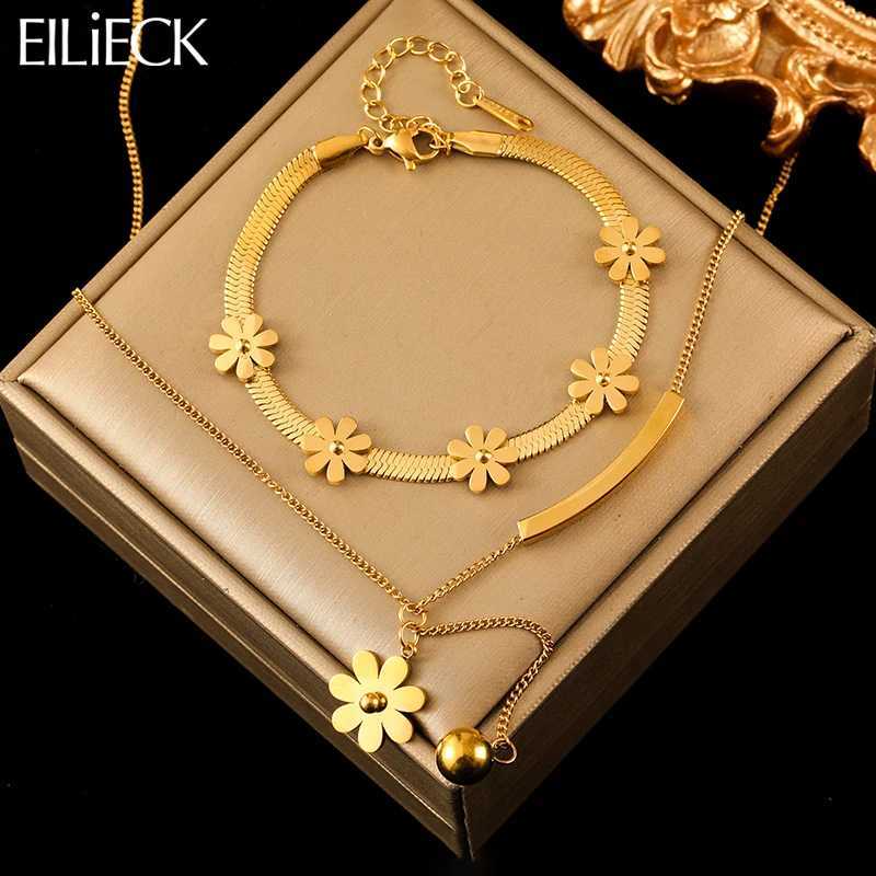 EILIECK 316L Stainless Steel Gold Color Flower Necklace Trendy For Women Girl New Party Gift Waterproof Jewelry Set Z250607