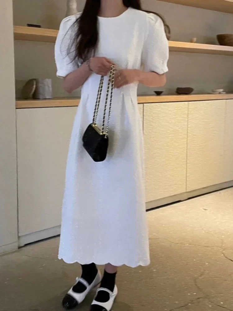 Woherb Women Short Puff Sleeve Tweed Dress Summer Casual All Match One Piece Dresses Korean Chic Vintage Robe Loose Dresses 250603