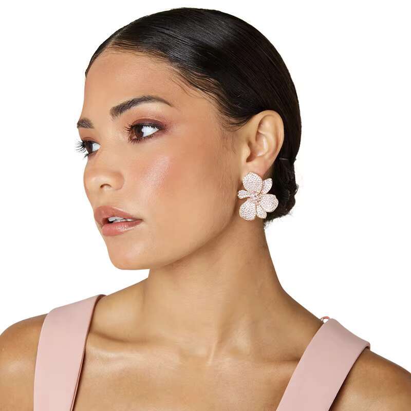 Luxury diamond wild orchid earrings in light pink 18K gold 925 silver beautiful bride jewelry