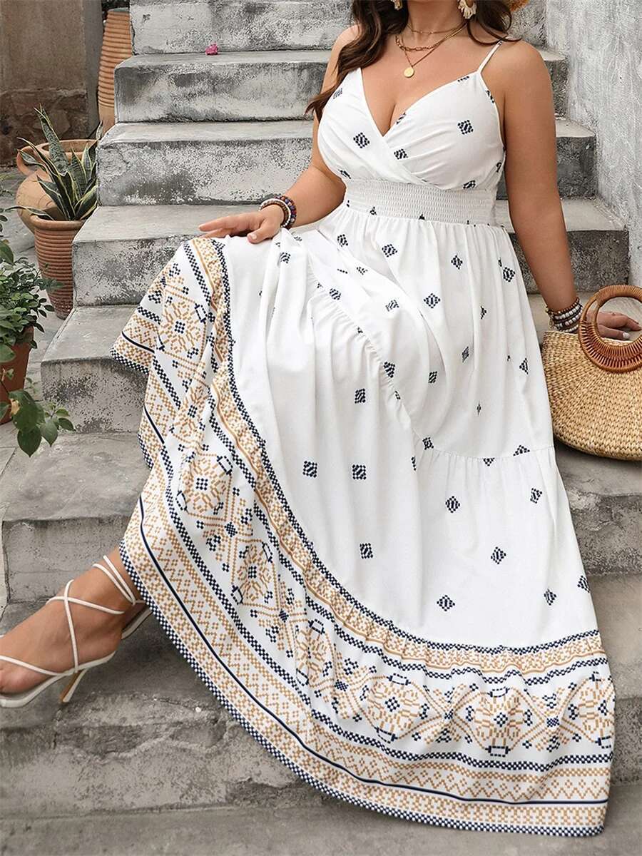 Womens Plus Size Maxi Dress Floral Print Sleeveless Spaghetti Strap Wrap V-neck Long Flowy Summer Dress Beach Party Dress