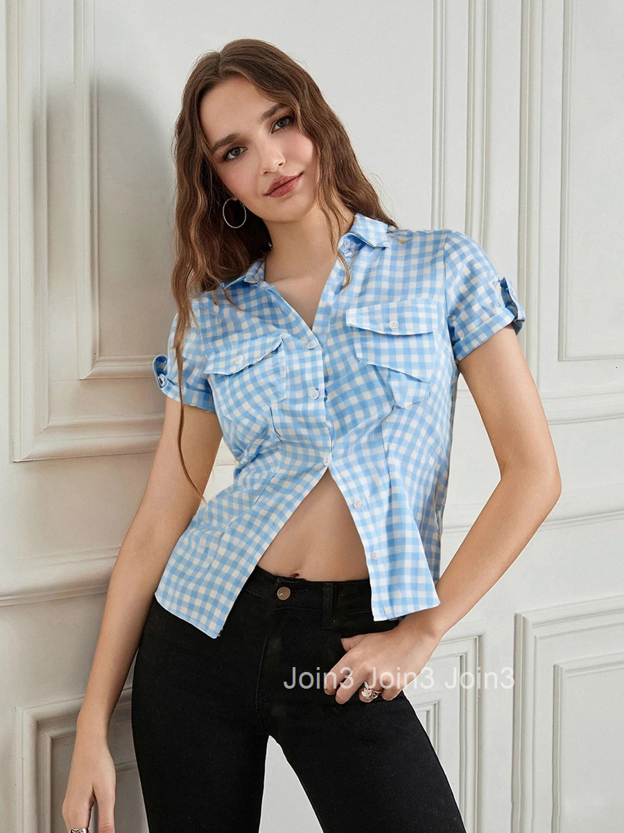 Ladies Plaid Patterned Blouses Stylish Short Sleeve Button Up Relaxed Fit Shirts Casual Loose Tops for Women