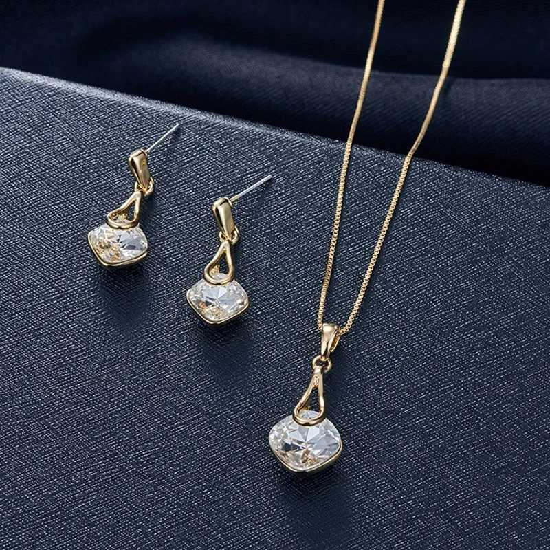 Fashion Women Water Drop Pendant Square Rhinestone Ear Stud Earrings Necklace Lady Jewelry Set Z250607