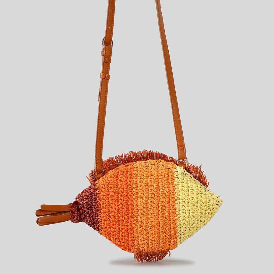 Creative Fish Shaped Straw Shoulder Bags Funny Paper Woven Crossbody Cute Handmade Summer Beach Bag Novelty Holiday Purses