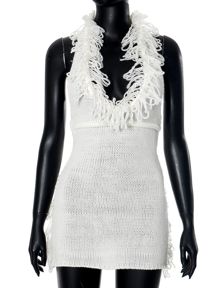 Weird Puss Crochet Halter Dress Women Low-Neck Bandage Backless Stretch Tassel Skinny Sleeveless Street Elegant Mini Bodycon 250605