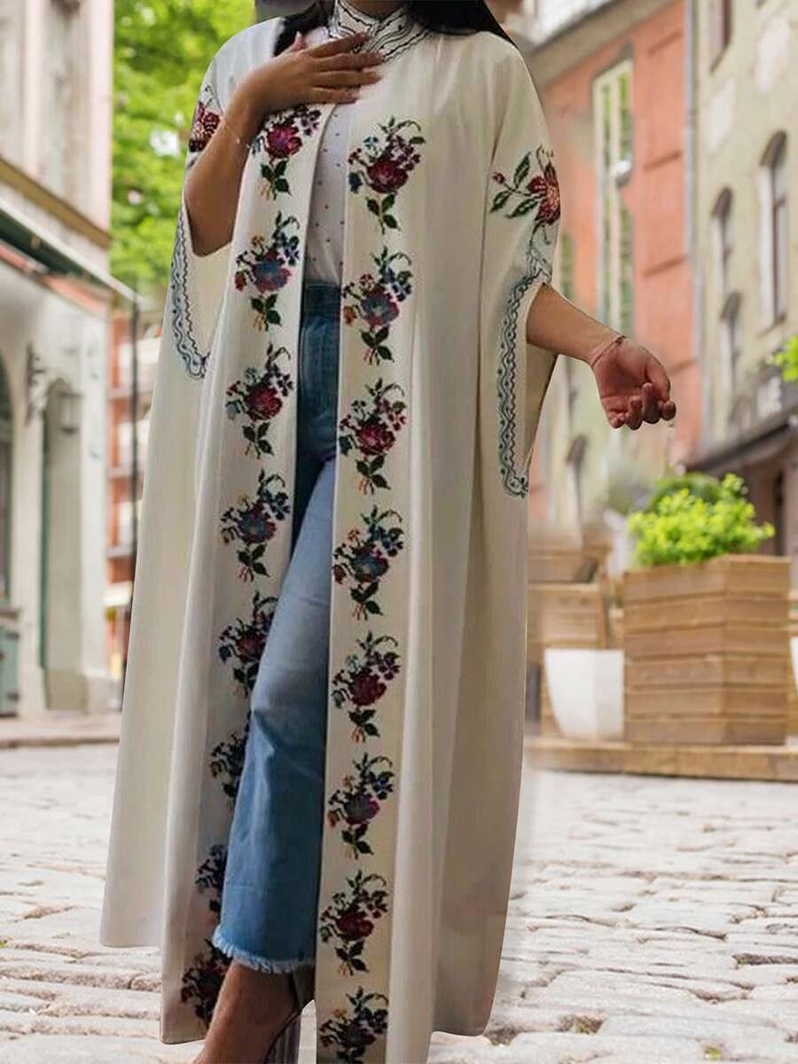 Elegant Floral Print Abaya Cape with Flowy Silhouette and High Neckline for Stylish Casual Wear in Spring