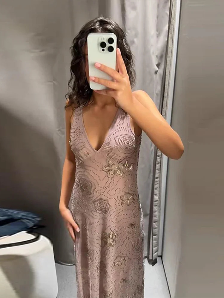 Sexy Beaded Sequin Summer Dress Lady Backless Sleeveless Elegant Evening Gown Ruffle Strap Holiday Party Beachwear Street Outfit 250605