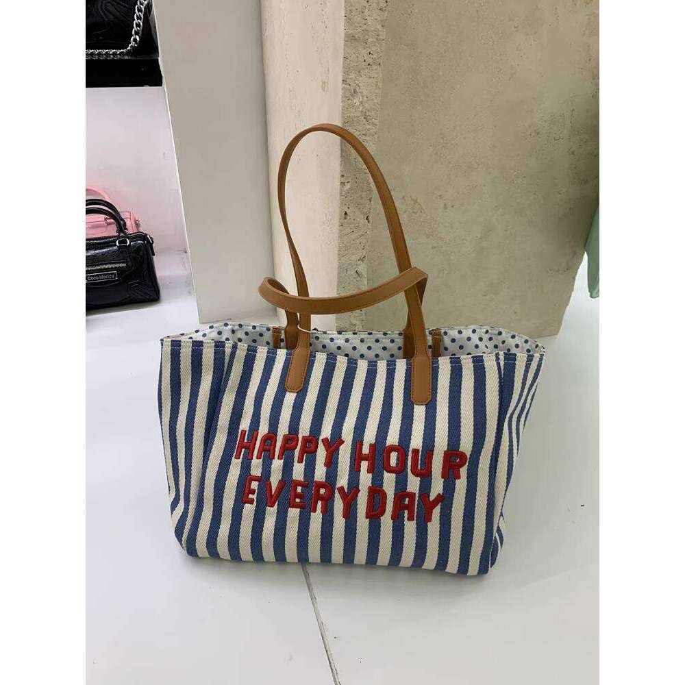 Summer Red and White Striped Letter Embroidered Tote Canvas Handheld Shoulder Underarm Class Mommy Bag Fashionable Versatile