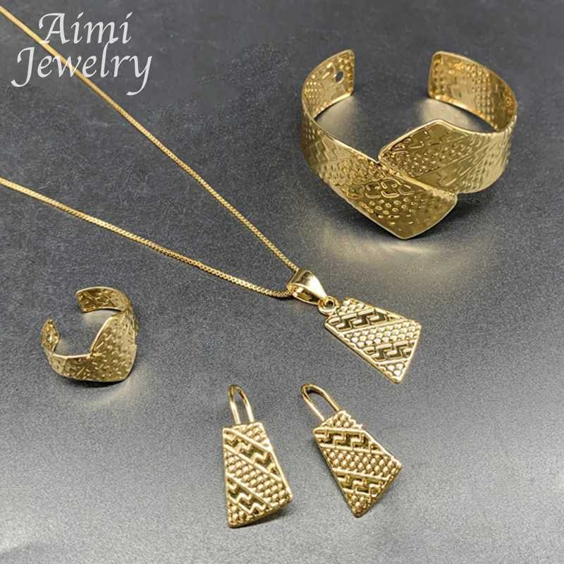 Chirlren 4Pcs Vintage 18K Gold Plated Jewelry Set for Girls Necklace Earring Ring Italian Classic Wedding Party Gifts Z250607